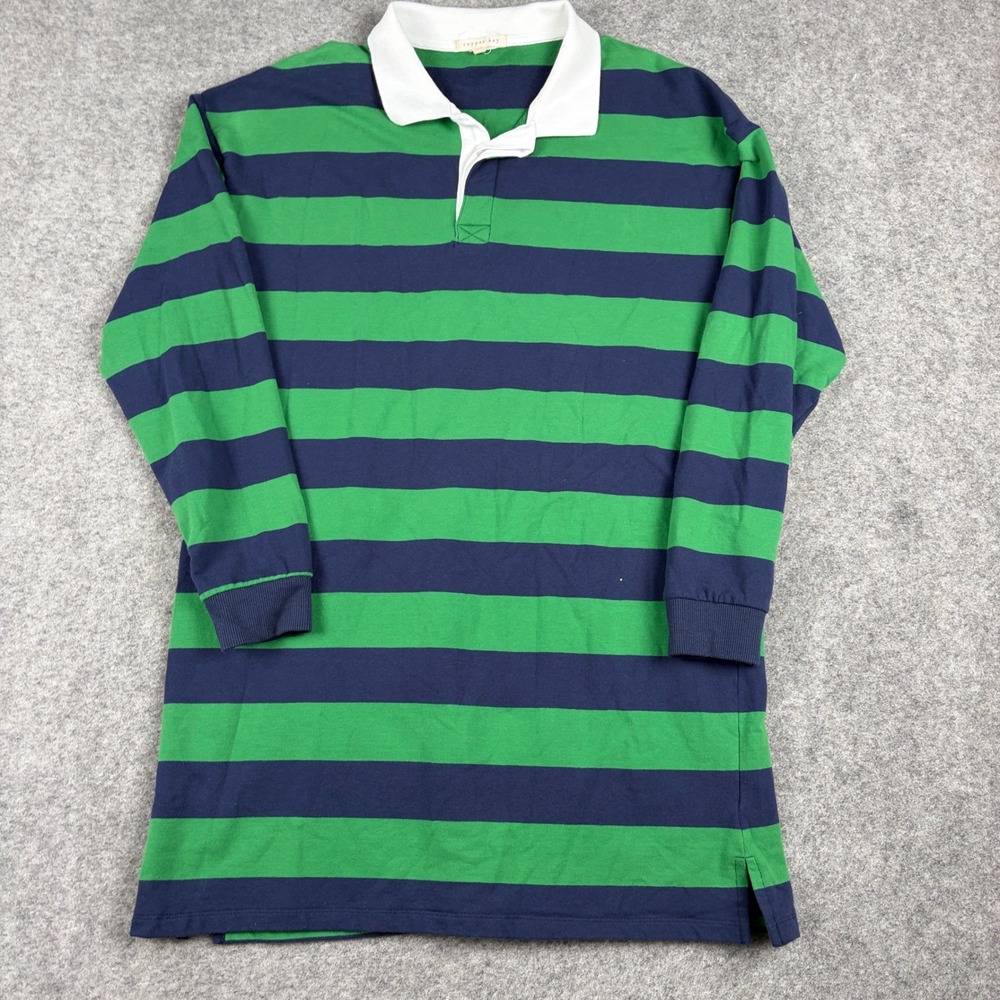 Copper Key Rugby Shirt Mens Medium Green Navy Blue Striped Long Sleeve Polo